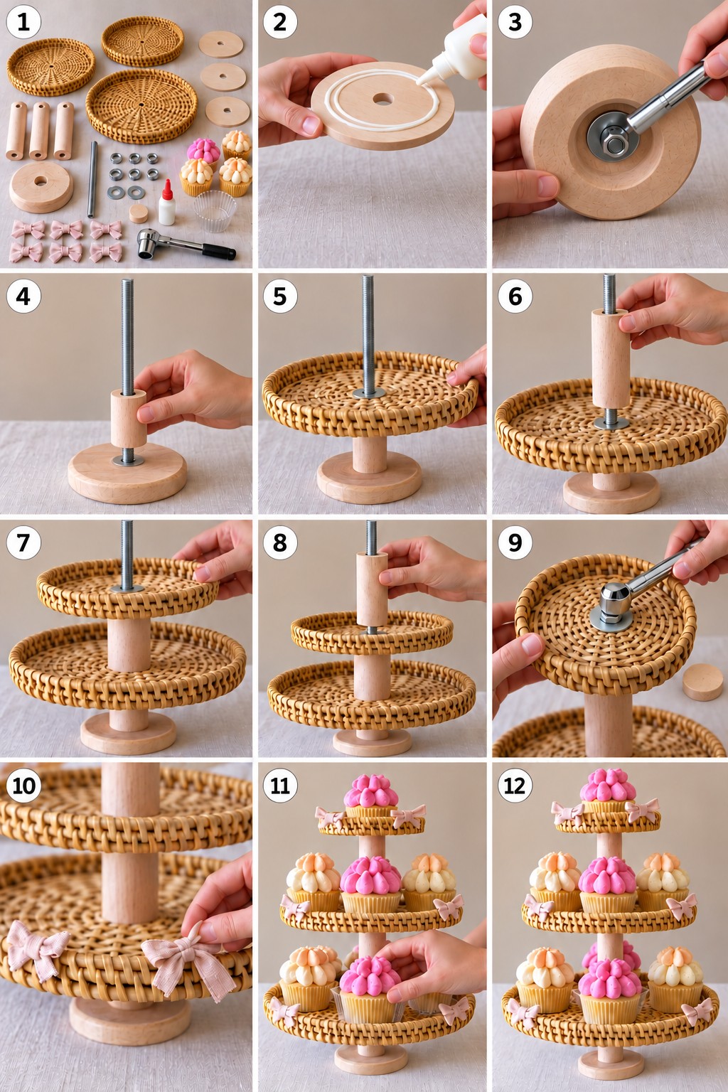 Cupcake stand making stages showing woven trays, wooden disks and spacers, a threaded center rod, nuts, washers and rim bows