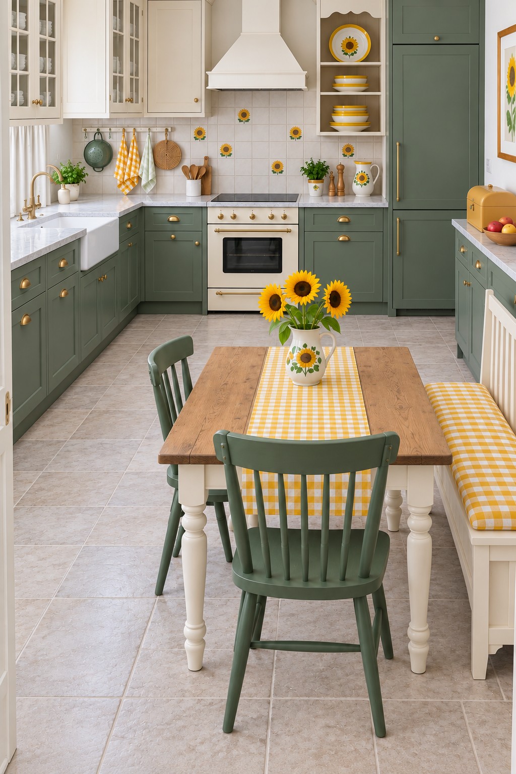 Deep green kitchen with sunflower accent tiles, yellow gingham seating, a wood dining table, and a sunflower pitcher