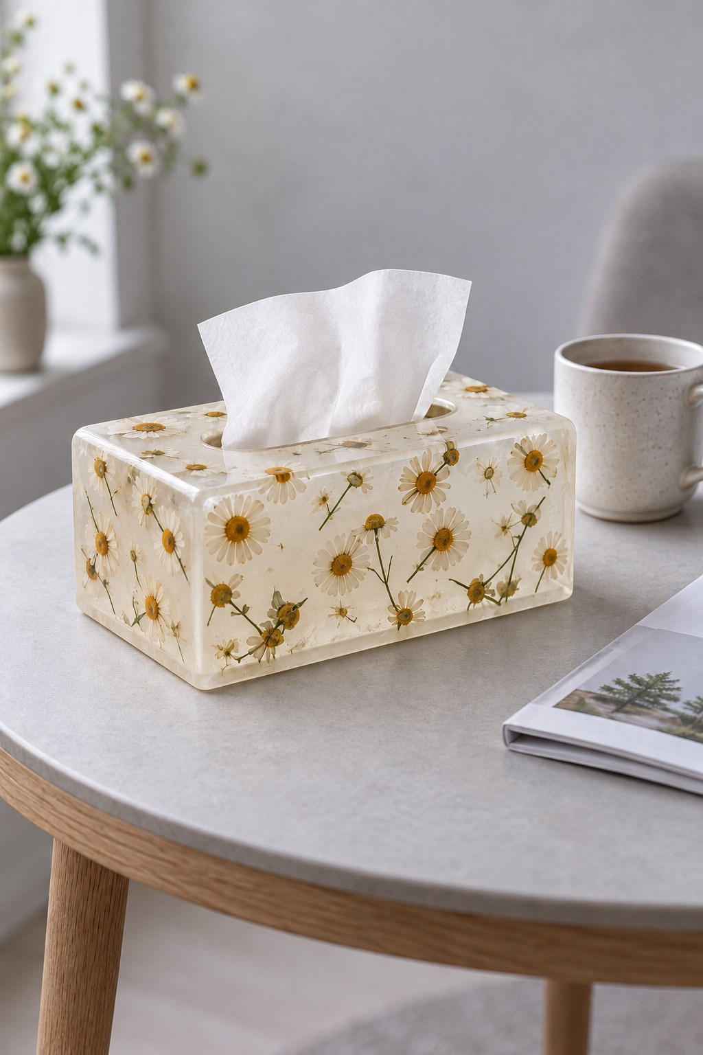 A cream translucent resin tissue box cover with preserved white daisies and a tissue emerging from the top slot.