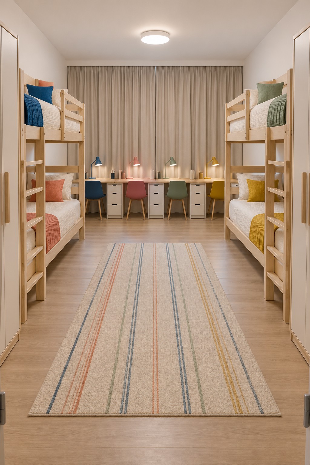 Two pale wooden bunk beds with blue pink green and yellow accents and four rear study places