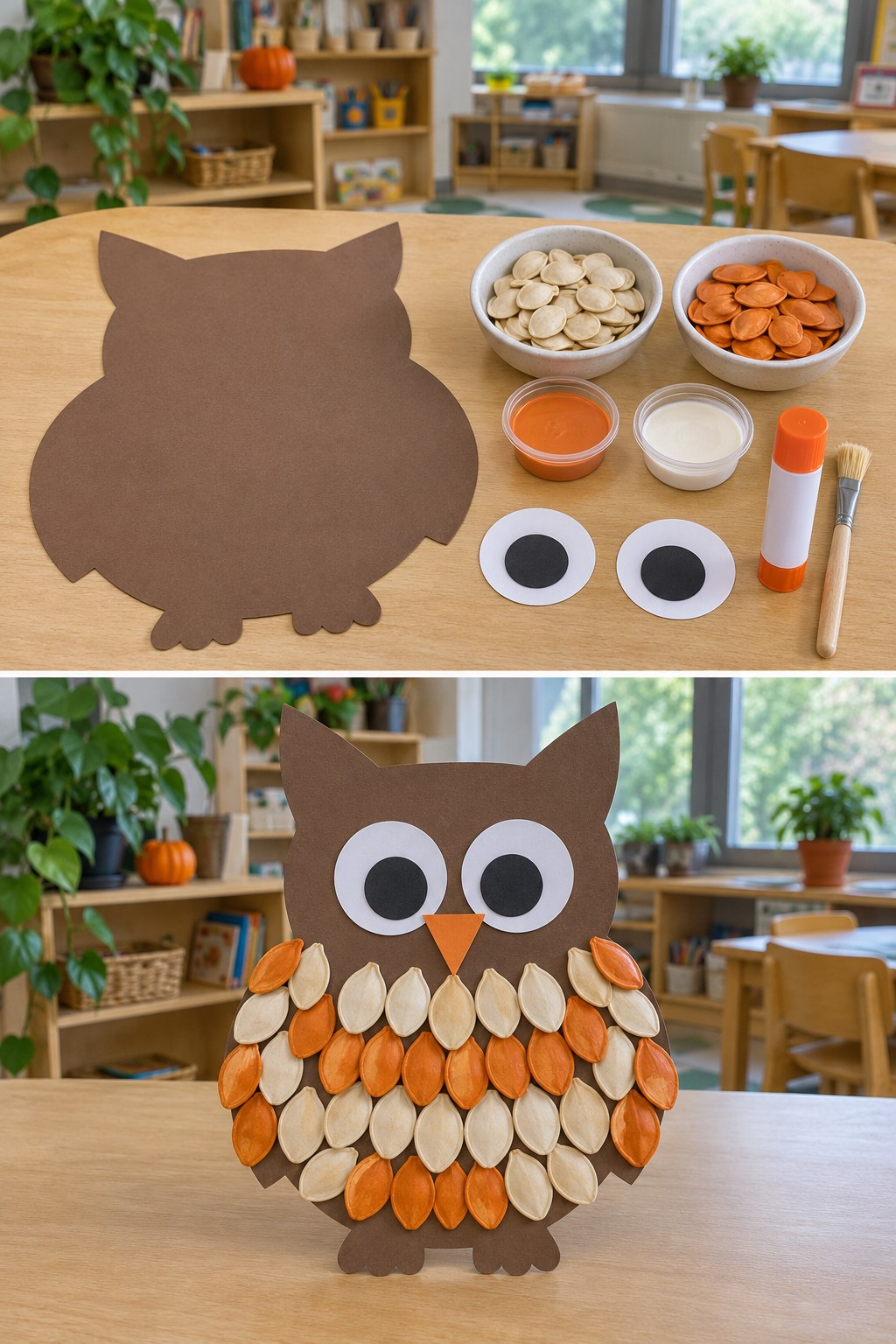 Pumpkin seeds and a brown owl cutout above an owl with orange and cream seed feathers