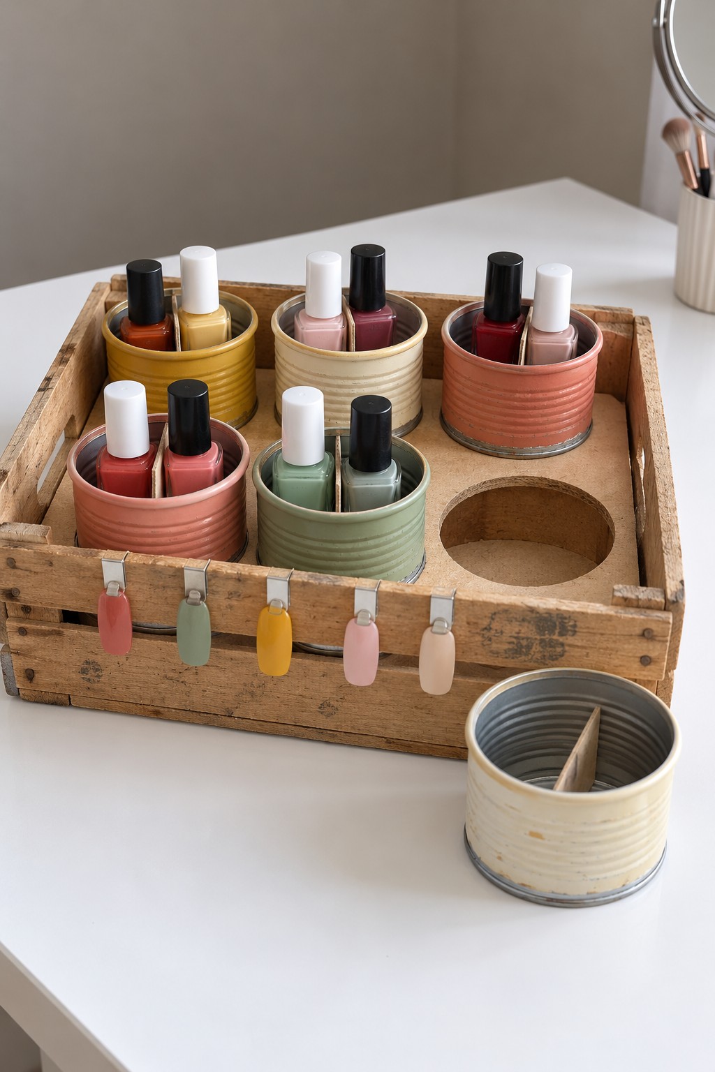 Rustic wooden crate with a six hole insert, painted tin can bottle cups, and hanging color swatches