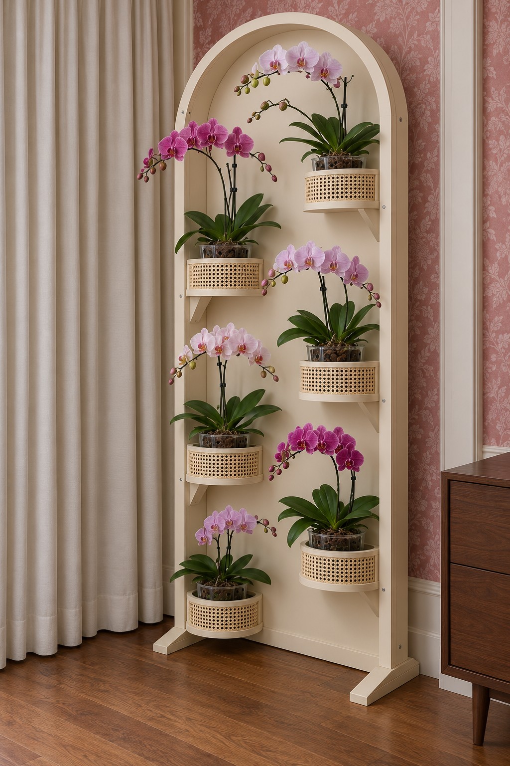 Freestanding ivory arched panel with six woven pockets holding pink and purple orchids
