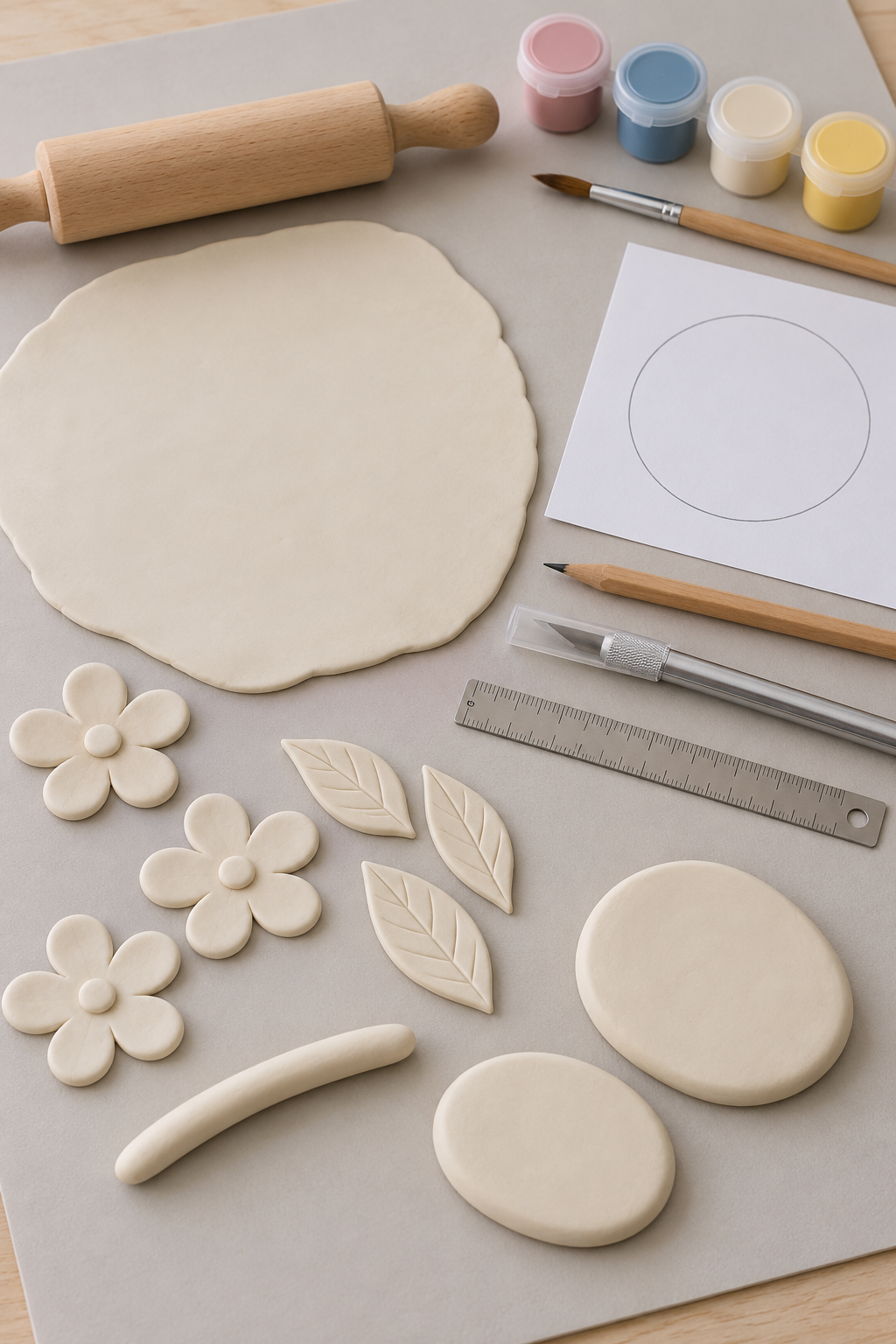 Rolled clay sheet petals leaves and coils beside cutting measuring and painting tools