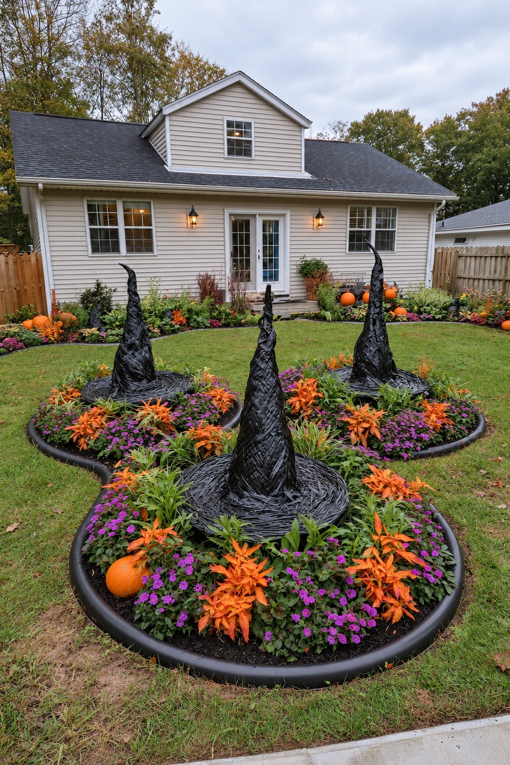 Three black textured witch-hat decorations in rounded orange and purple planting beds