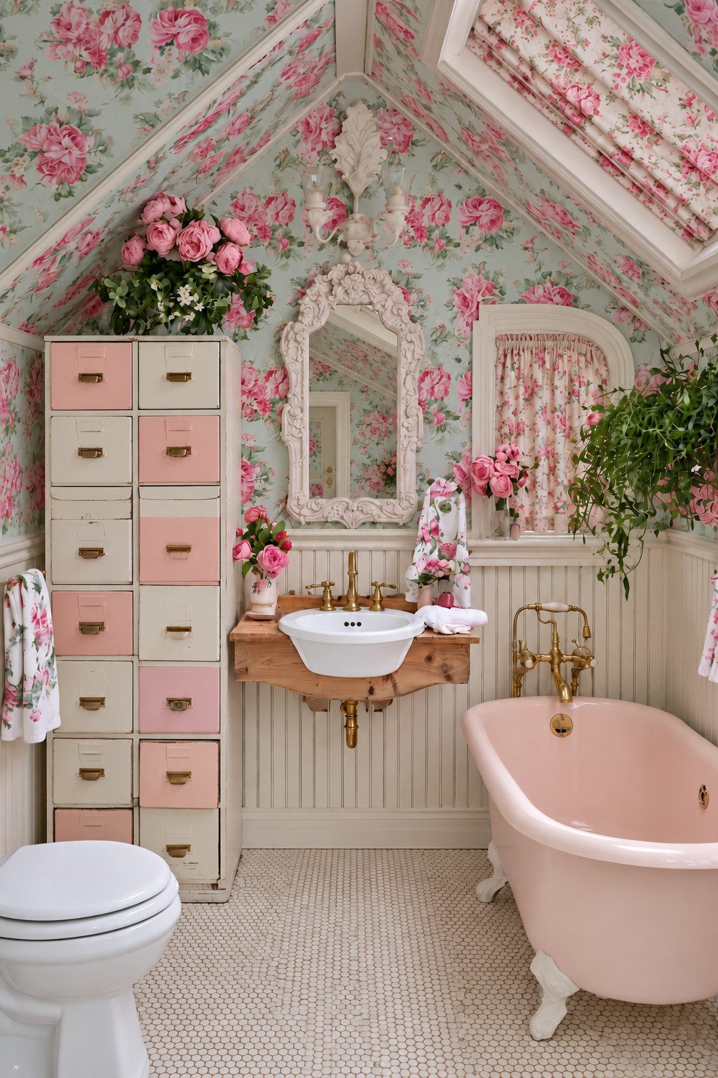 Pink clawfoot tub under floral sloped walls with a narrow pastel drawer tower and timber basin shelf