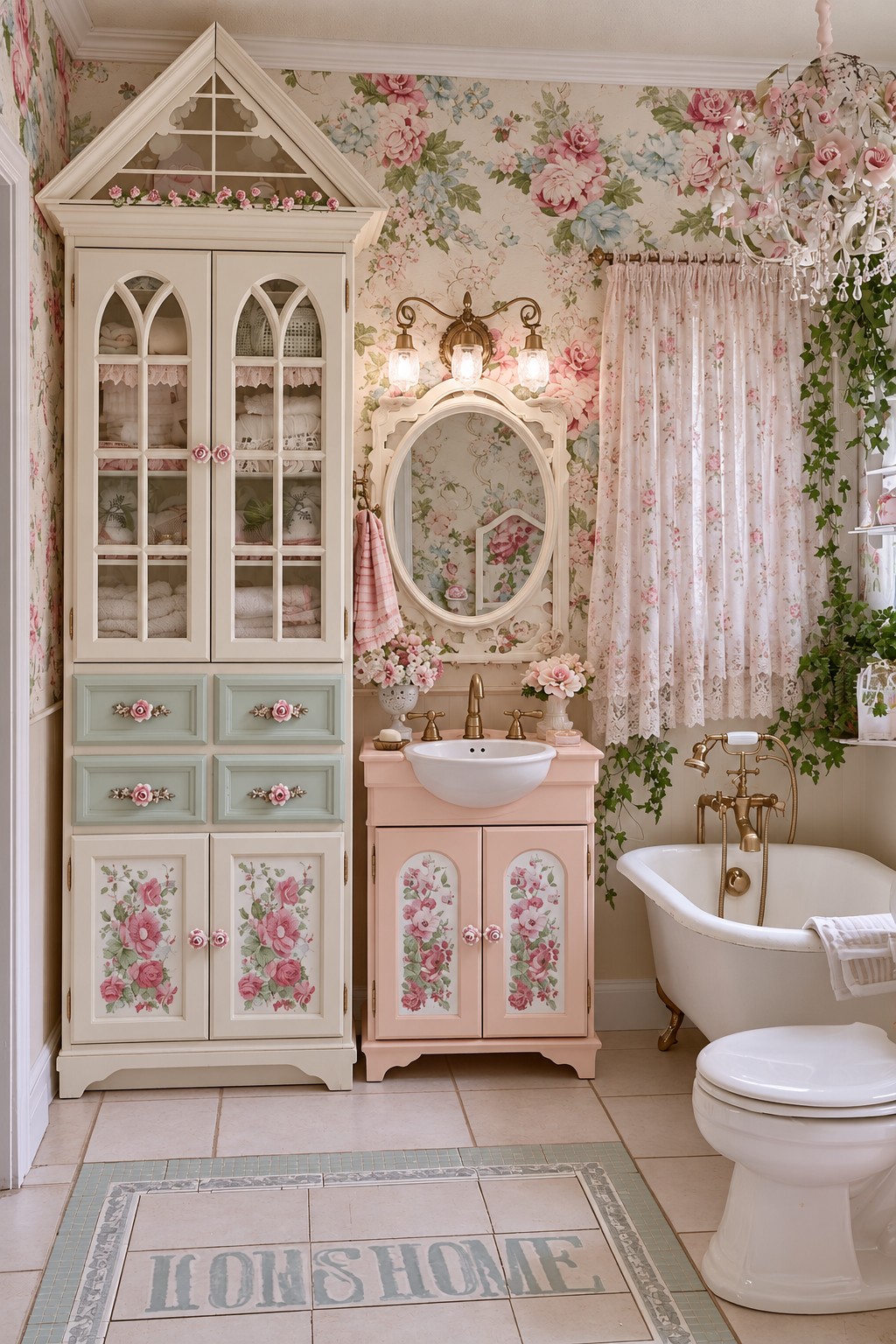 Cream cottage cabinet with a pointed top, sage drawers, and floral panels beside a small blush vanity