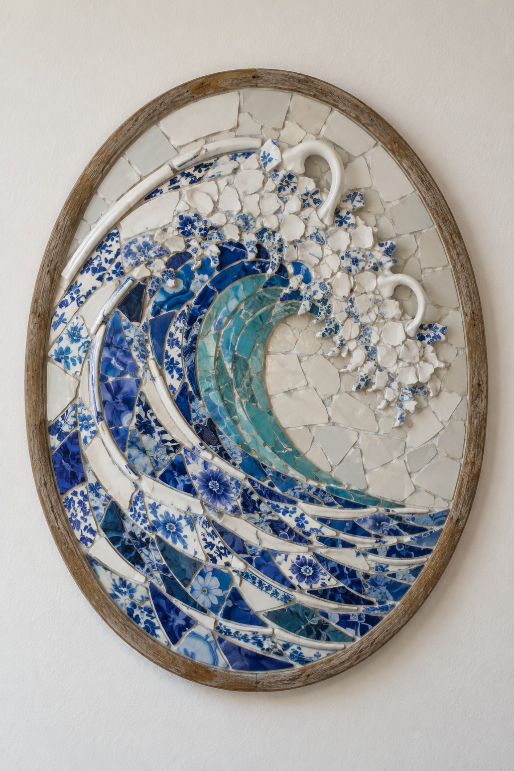 Oval framed wave mosaic made from blue and white ceramic fragments and curved cup handles
