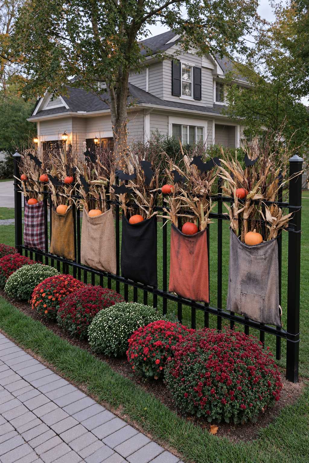 Metal fence with colored fabric pockets holding corn stalks, small pumpkins and bat accents above flowers