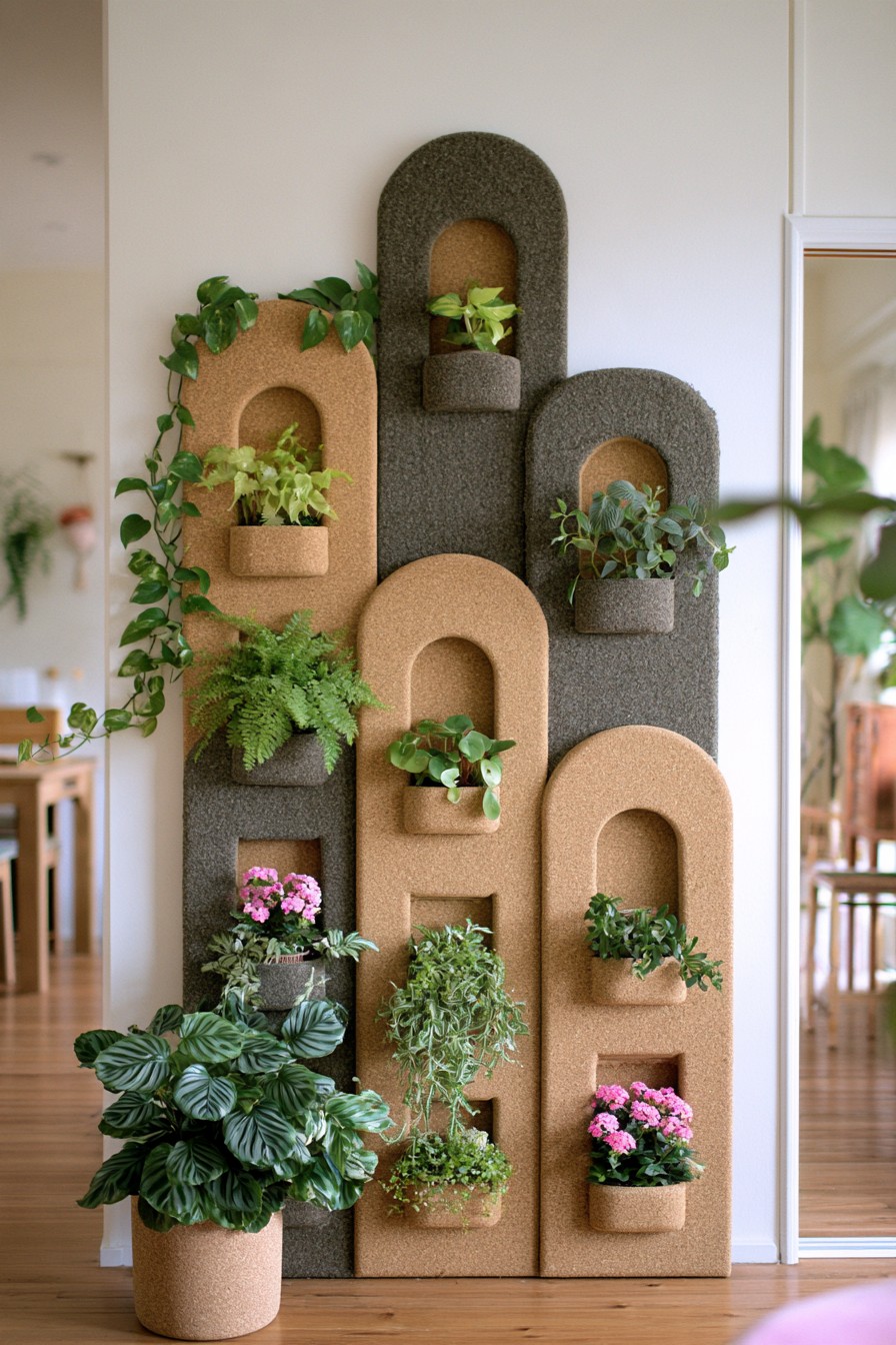 Overlapping tan and charcoal cork textured arched panels with small plant pockets and cascading greenery