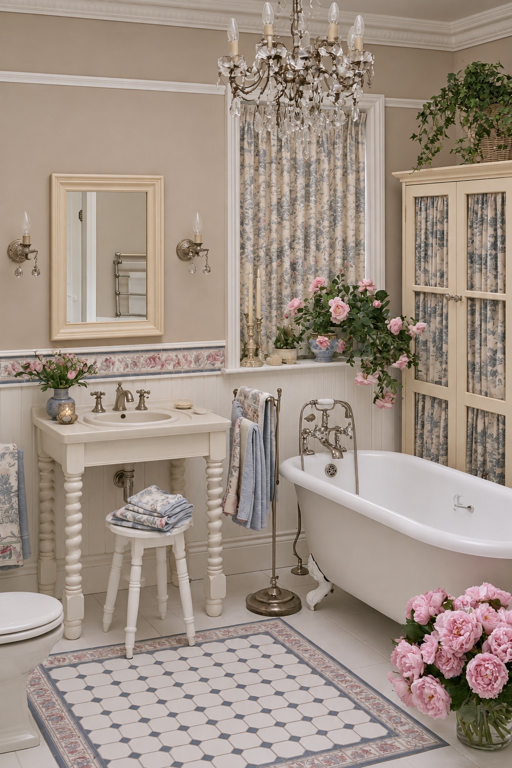 Blue patterned curtains and fabric behind a glass cabinet with a white clawfoot tub and crystal chandelier