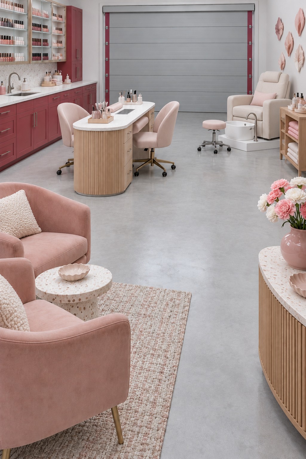 Rose garage beauty room with manicure table, nail polish display, sink counter, pedicure chair, and pink lounge seating