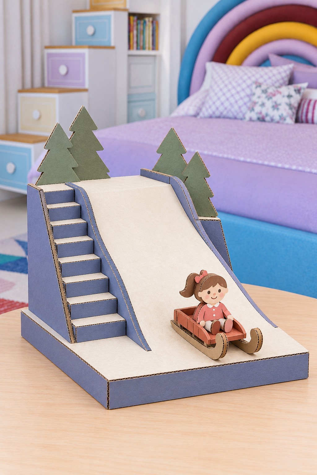 Cardboard sledding hill with a smooth cream slope, blue side panels, stairs and a small red sled