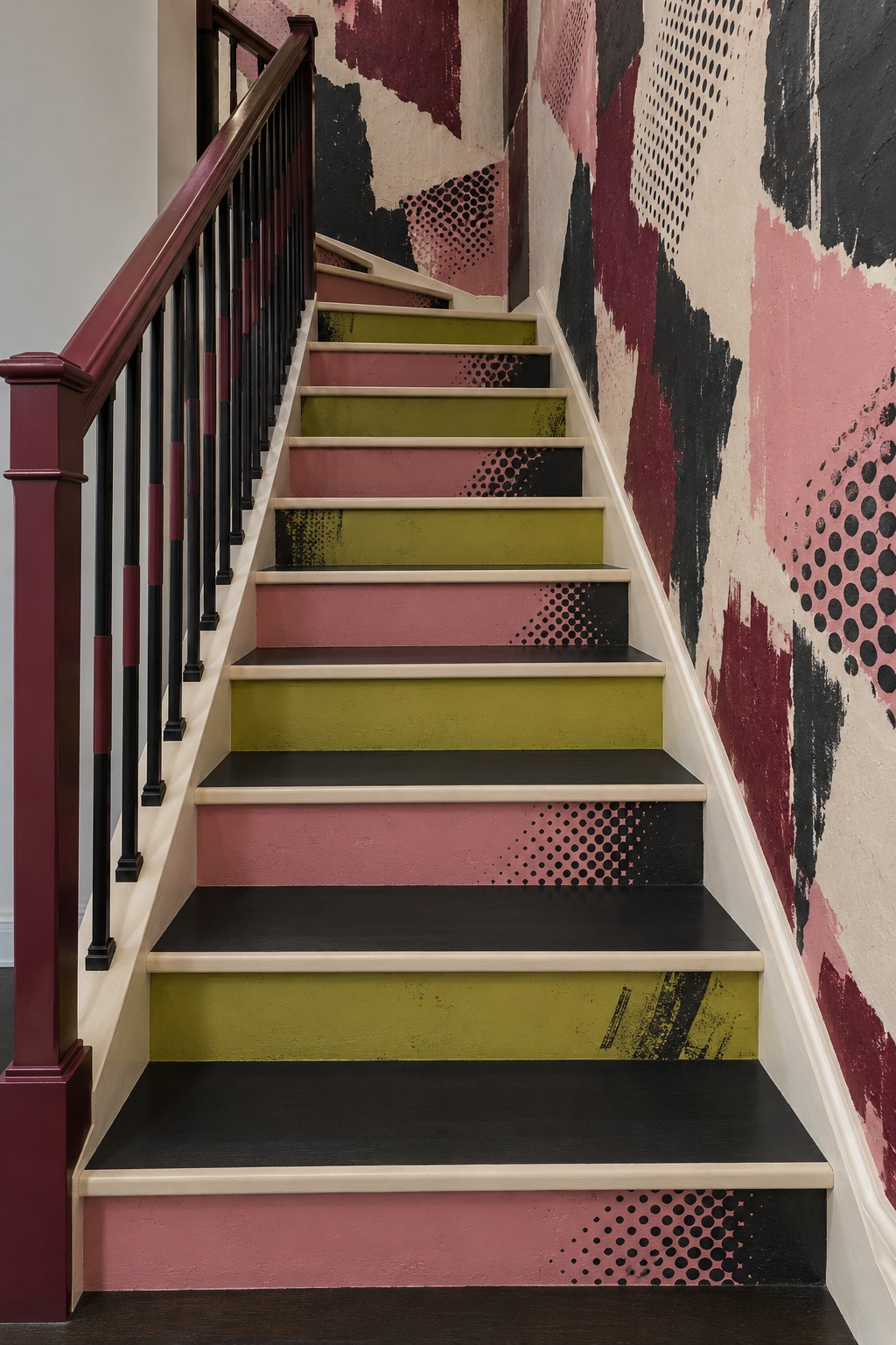 Alternating olive and dusty pink risers with black dot textures beneath abstract painted walls