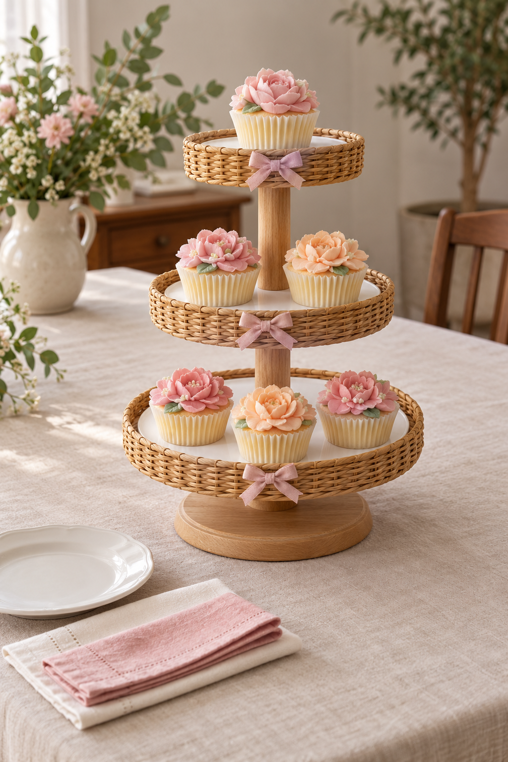 Three woven cupcake tiers with separate white serving disks and open space around the stand