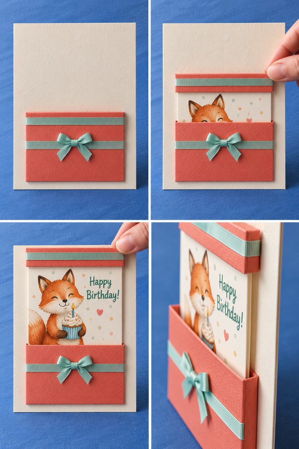 Four views of a coral paper gift pocket with mint ribbon and a sliding fox birthday insert