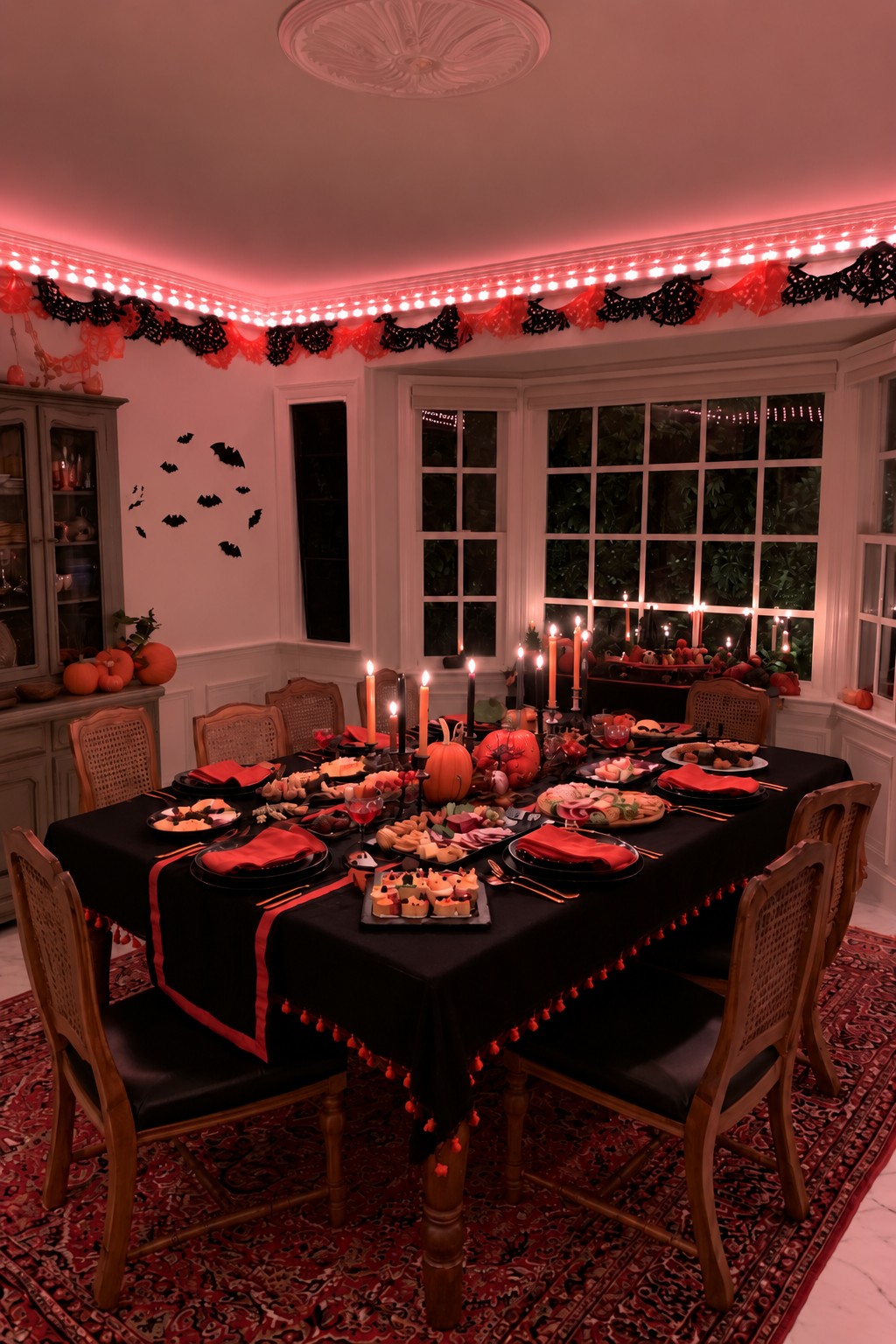 Black dining table with orange napkins, pumpkins, food platters, and orange-and-black ceiling garlands