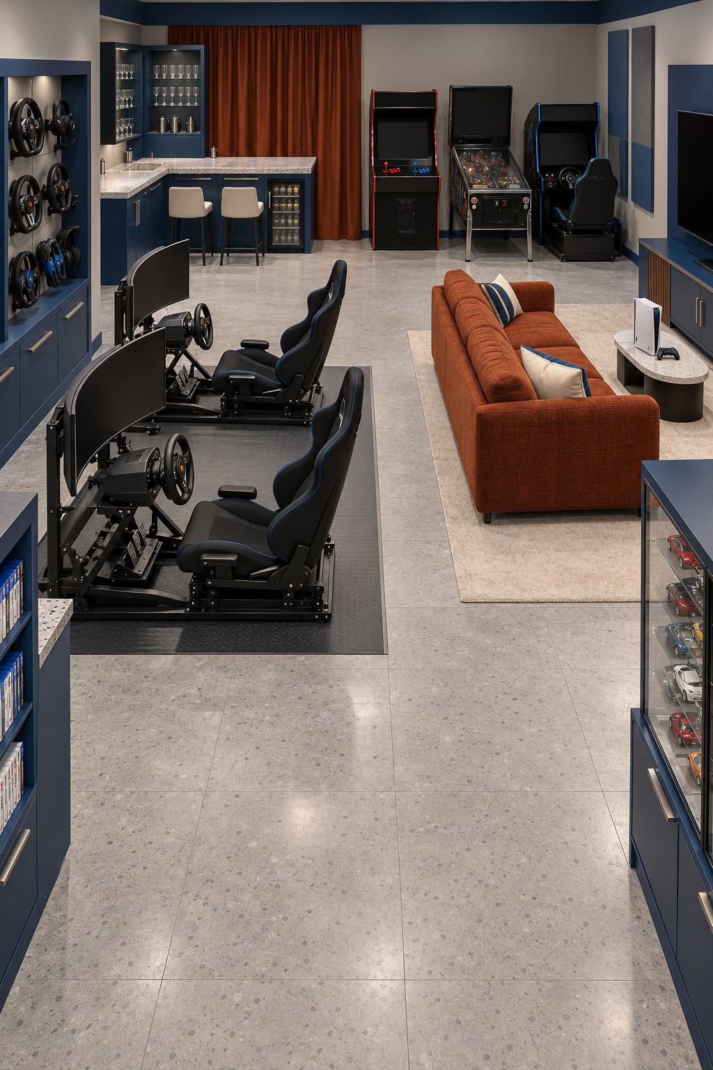 Navy basement with two racing simulator seats, a steering wheel display, rust sofa, pinball, and arcade machines