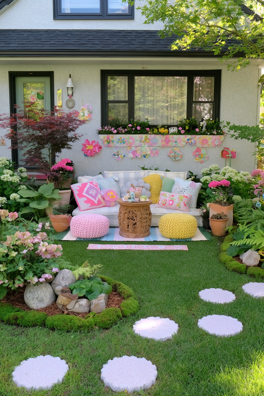 Eclectic bohemian front garden with a cozy tea lounge