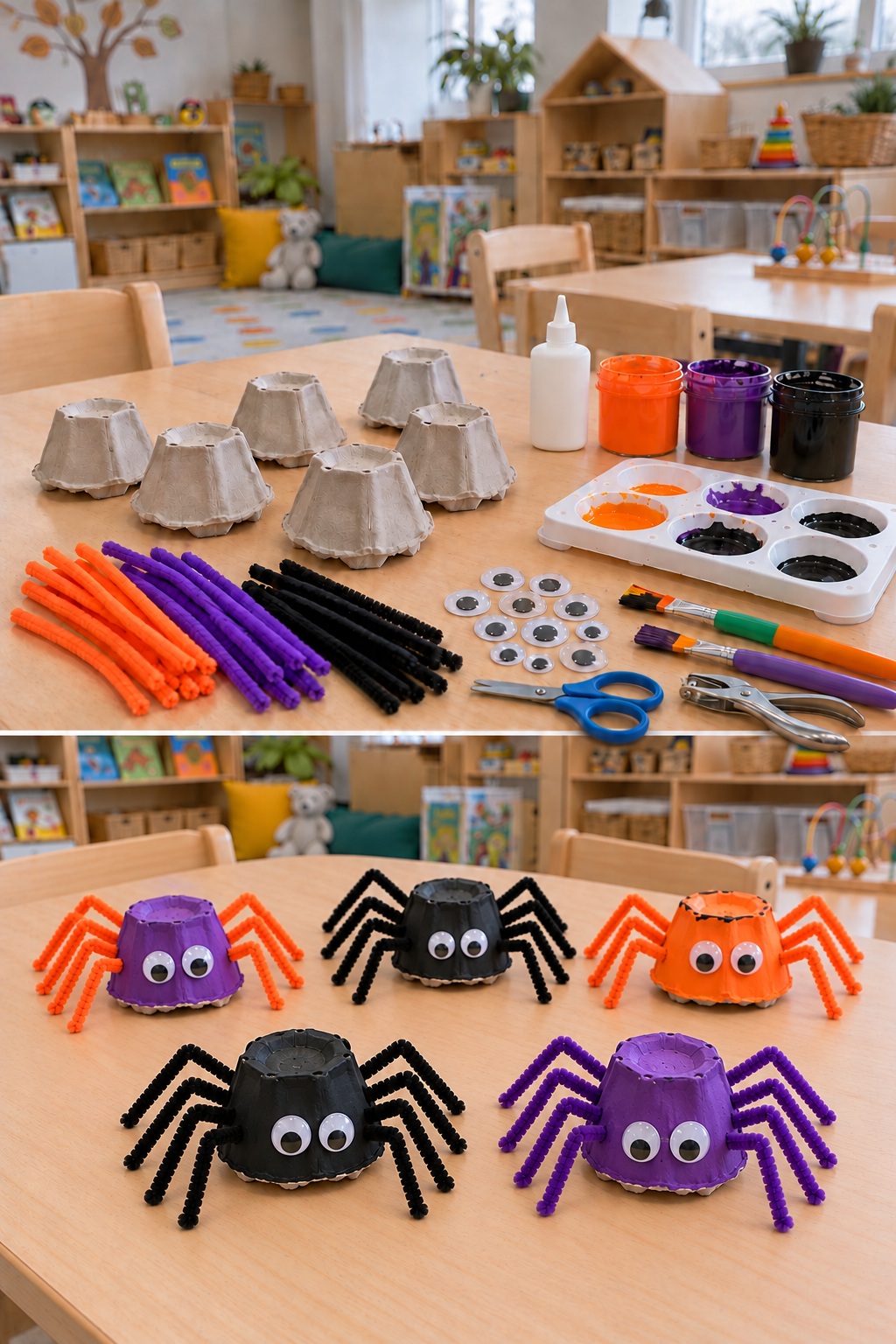 Carton cups, paint, pipe cleaners and liquid glue above five spiders with four separate legs on each side