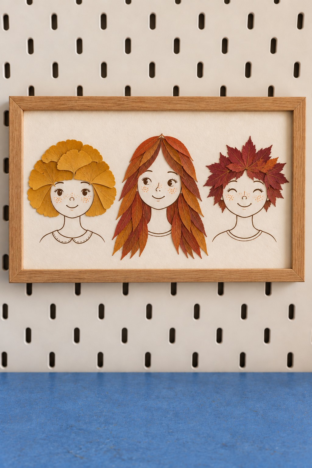 Three drawn portraits with a yellow leaf bob long copper leaf hair and spiky burgundy leaf hair