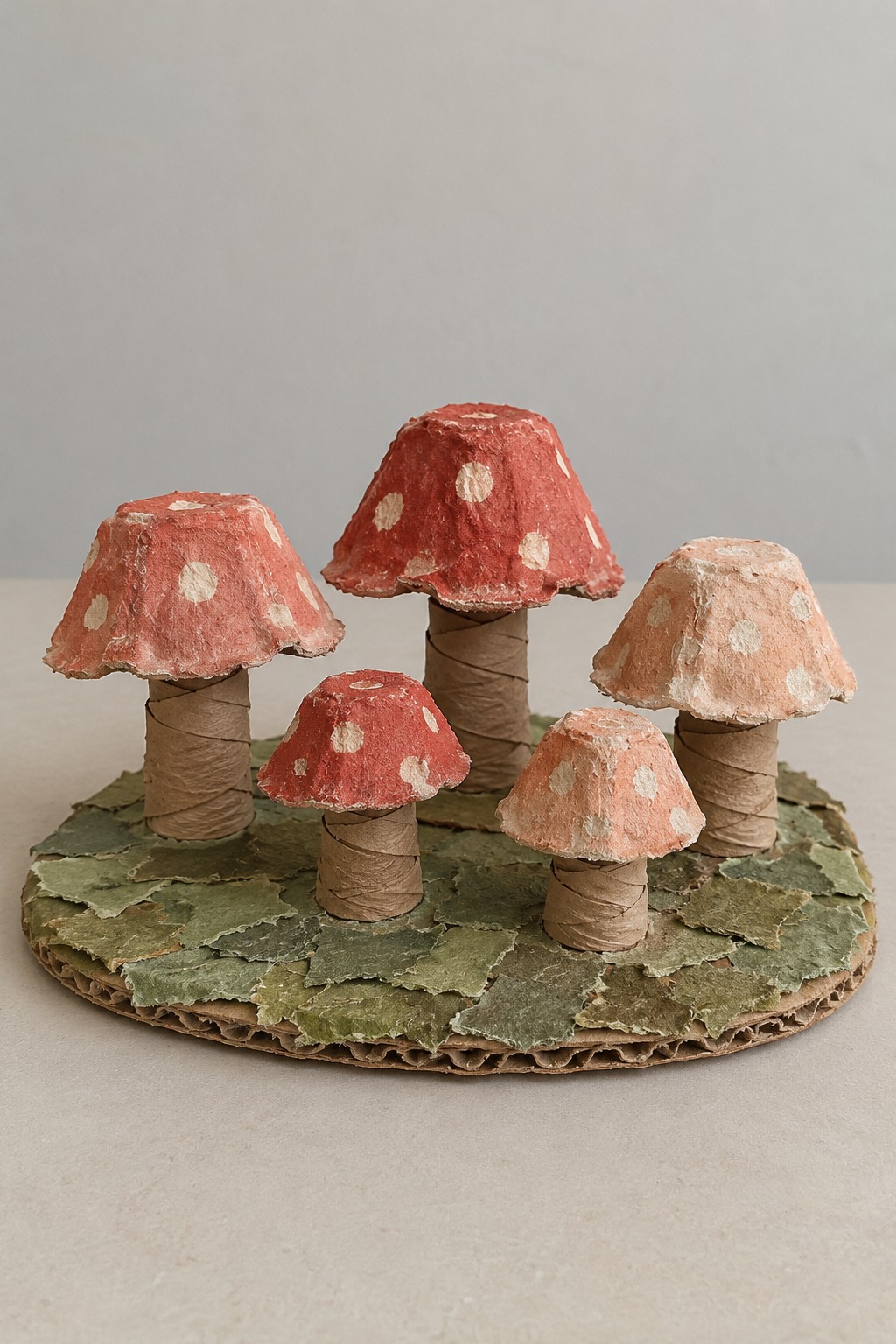 Five coral and cream paper mushrooms with cardboard stems on a textured green oval base