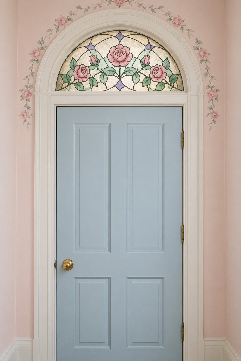 Powder blue door beneath an arched rose stained glass transom with painted floral vines around cream molding
