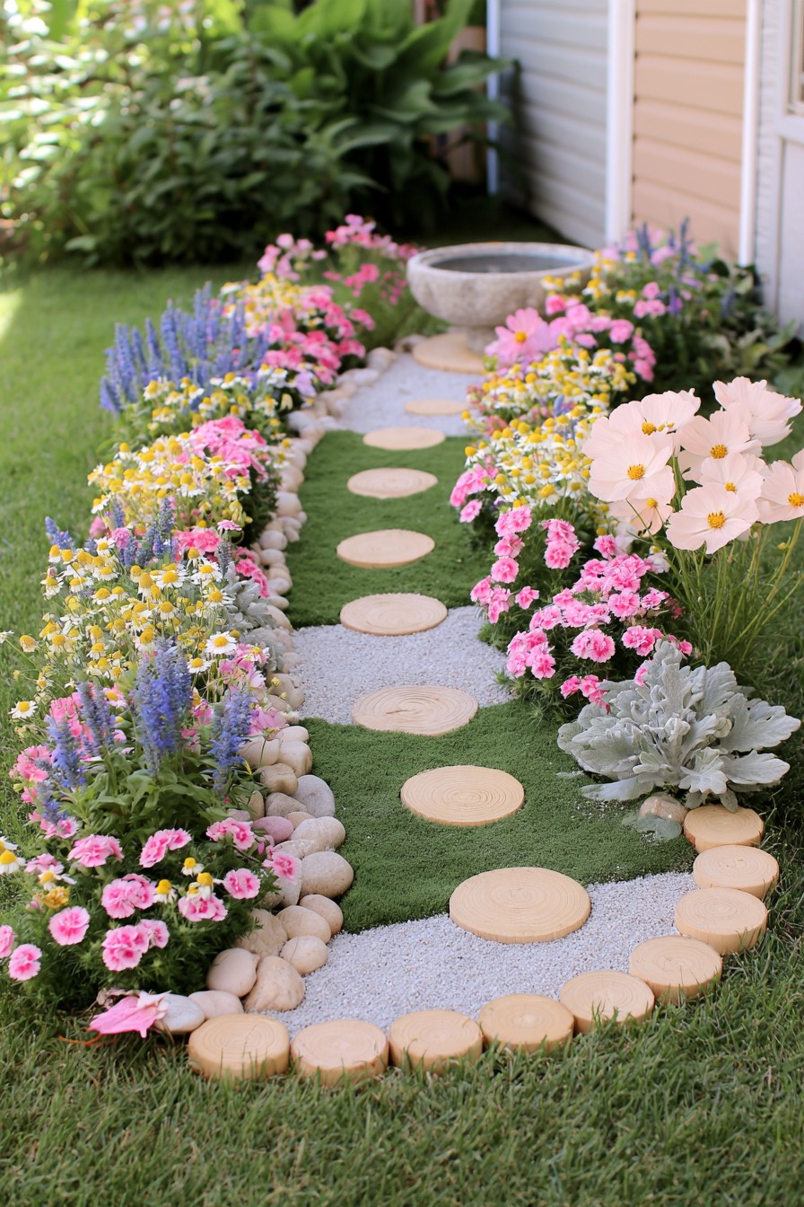Narrow texture garden with circular stepping discs, green sections, gravel, and flowers