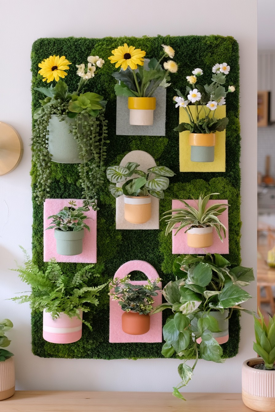Green textured wall panel with square and arched pastel backplates supporting colored pots and varied plants