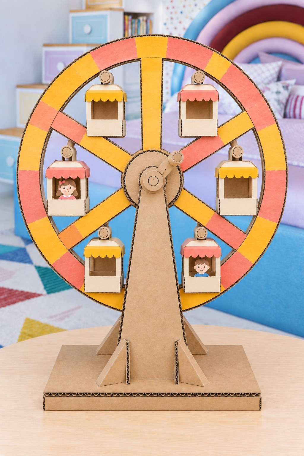 Handmade yellow and coral cardboard Ferris wheel with six suspended cabins and a braced stand