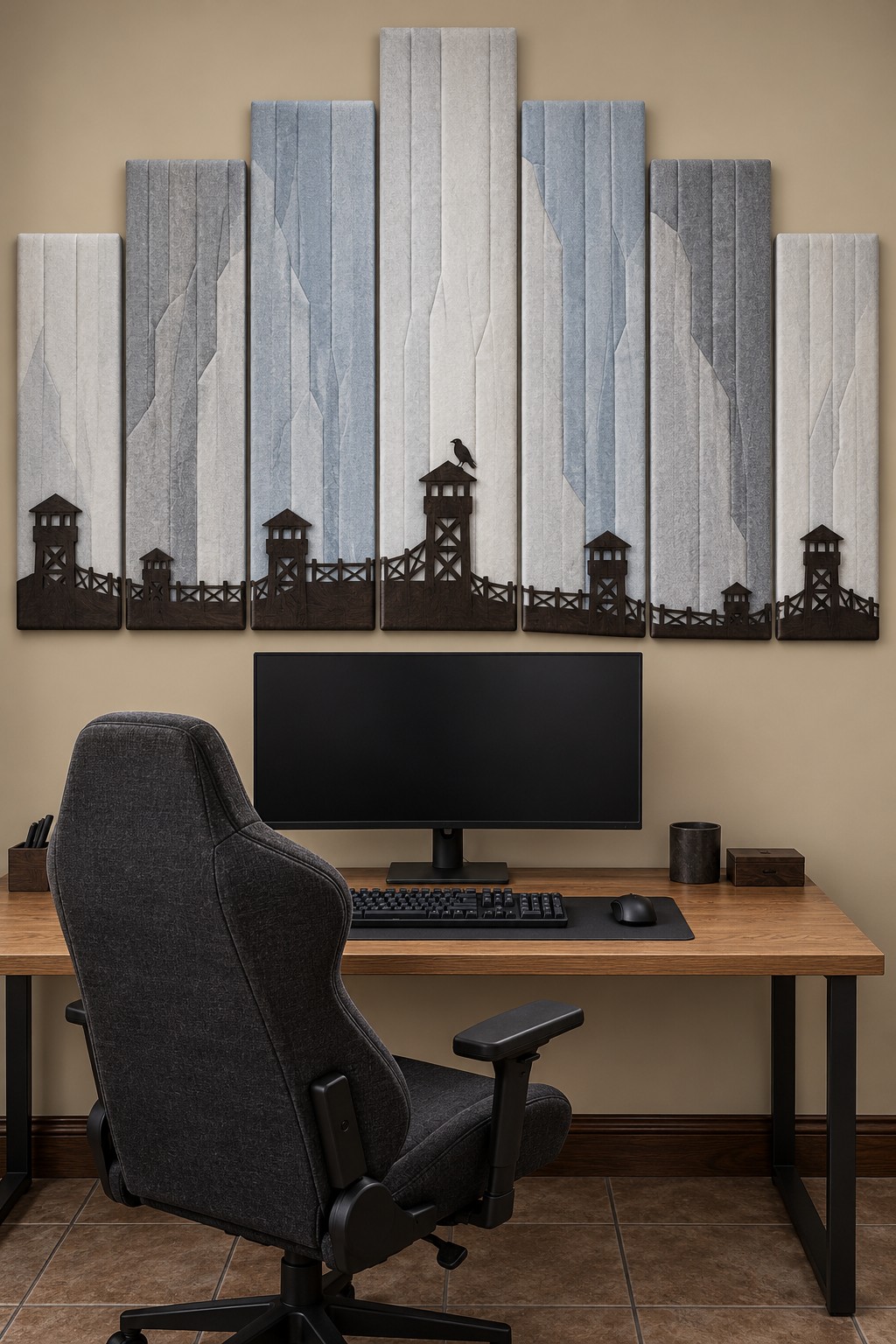Stepped blue, gray, and ivory wall panels with dark watchtower silhouettes above a wooden computer desk