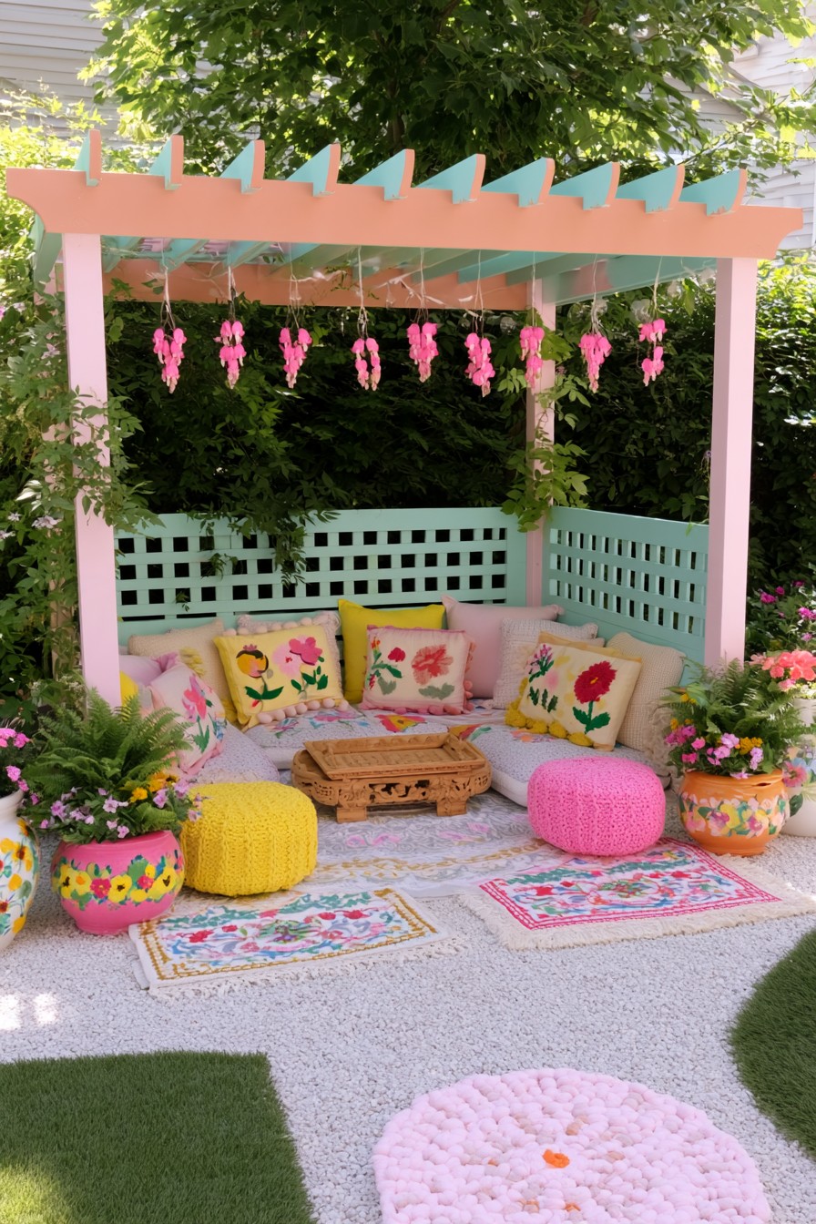 Pastel bohemian garden pergola with layered floor textiles