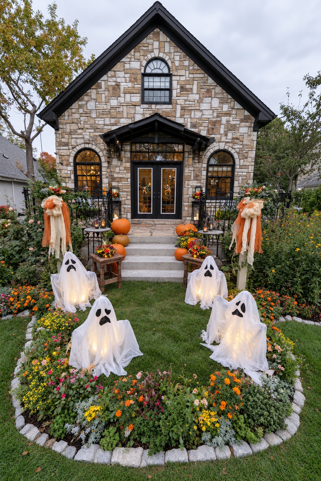 Four white ghosts in a flower-ringed lawn beside pumpkins and pale fabric accents