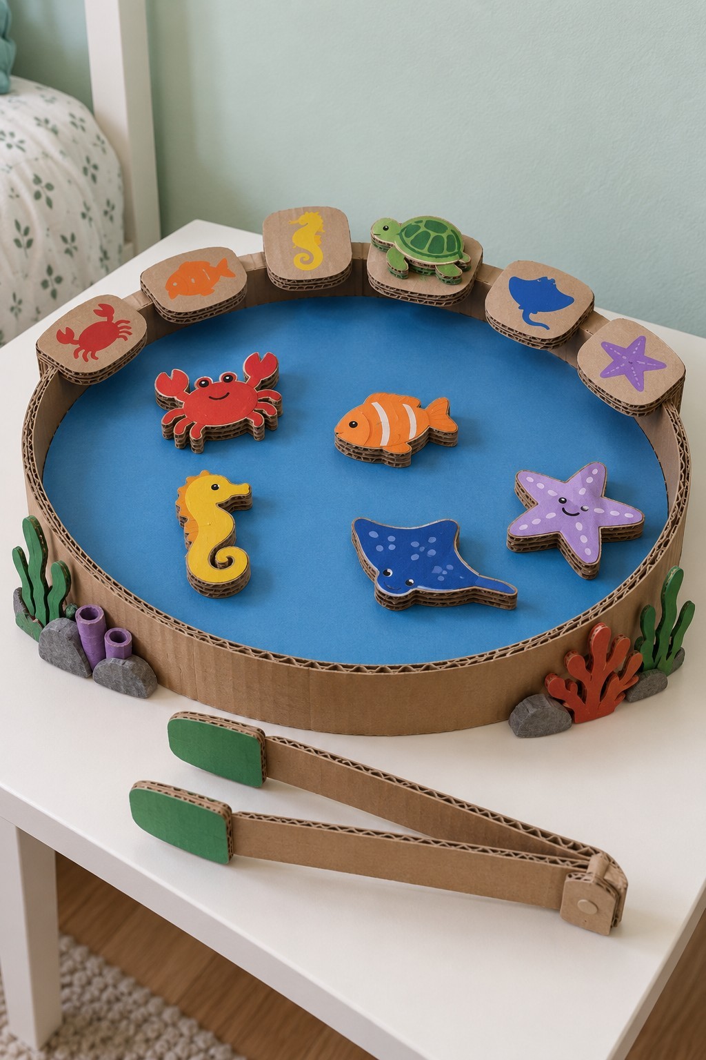 Round cardboard ocean matching pond with six animal picture tiles, layered sea creatures and cardboard tongs