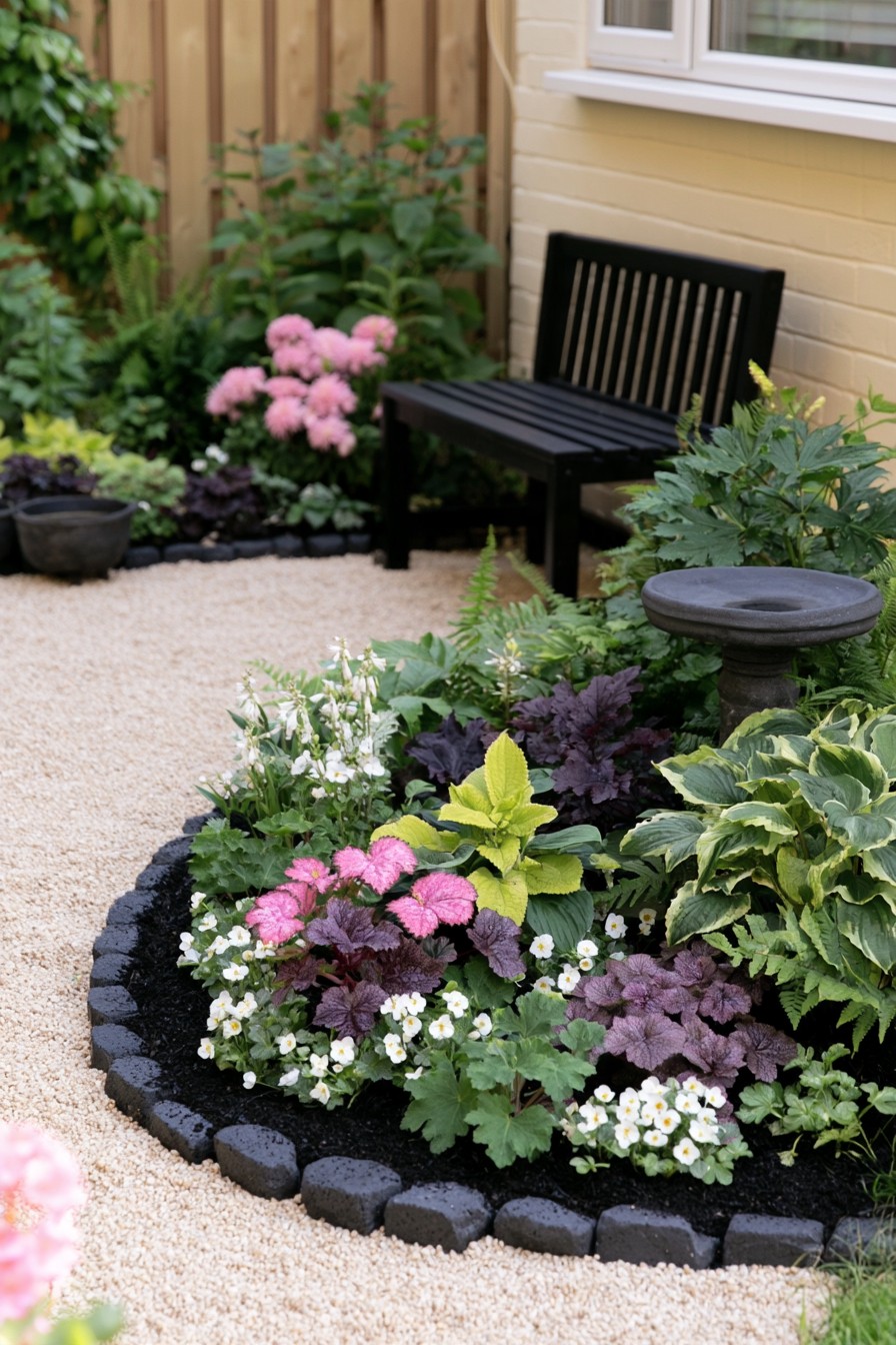 Moon garden border with dark foliage and stone accents