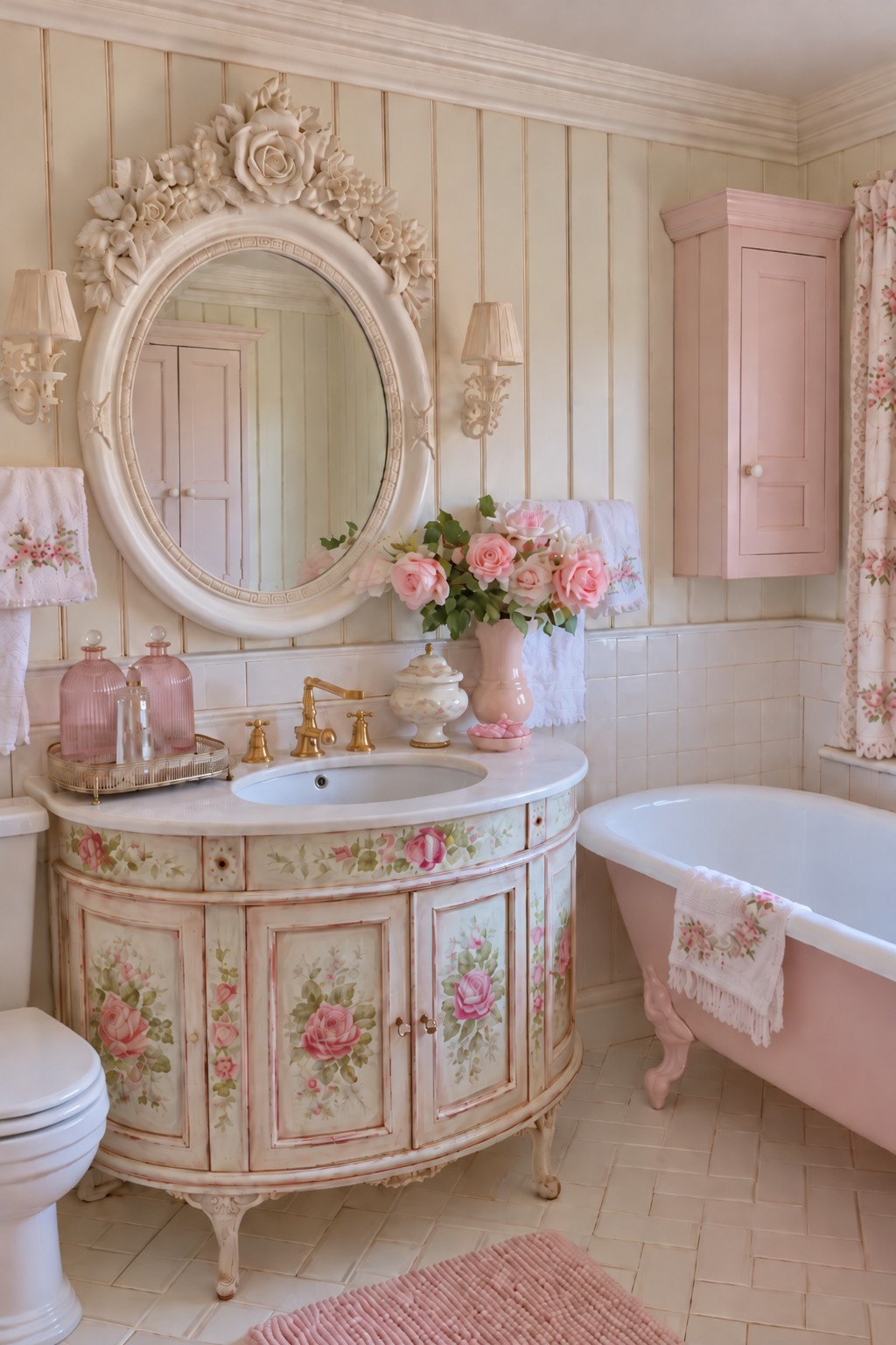 Curved vanity painted with roses beneath a floral crowned oval mirror beside a plain pink wall cabinet