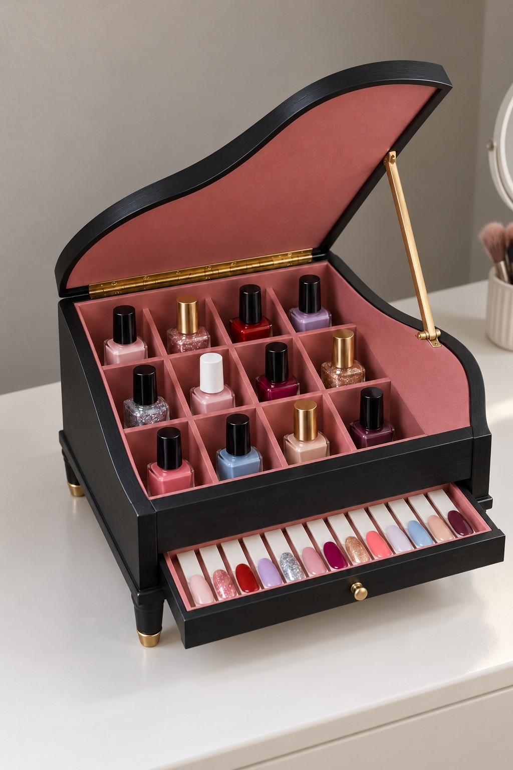Black grand piano shaped storage box with pink bottle compartments and a keyboard style swatch drawer