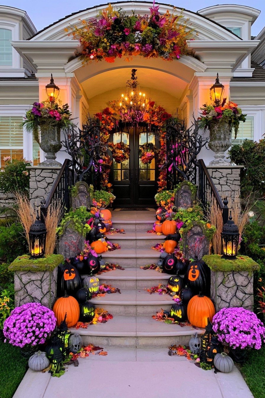 Bright purple and green planting among grave markers, twisted branches, and black pumpkins