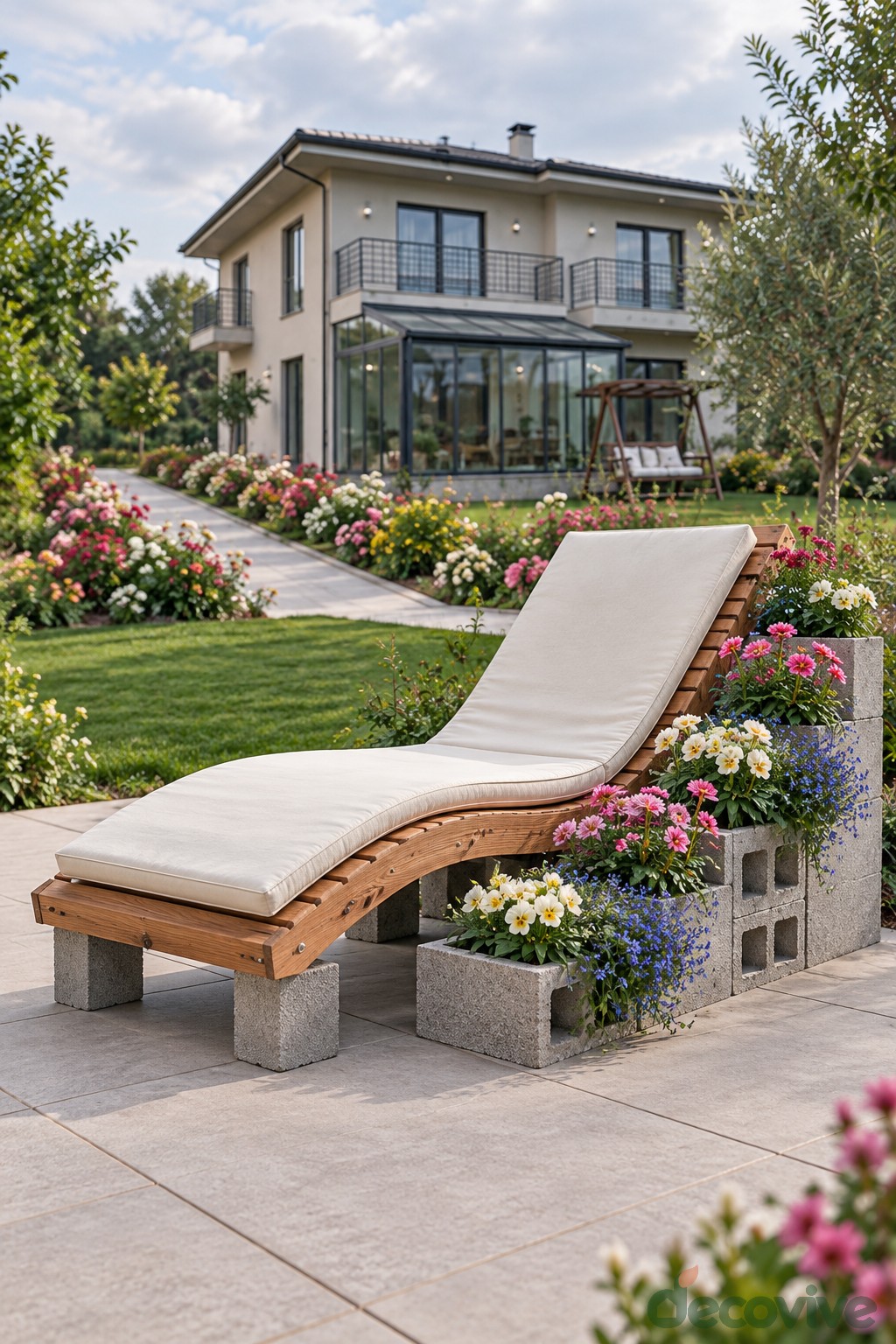 Cream cushioned curved wooden chaise on concrete supports beside a flower filled block border