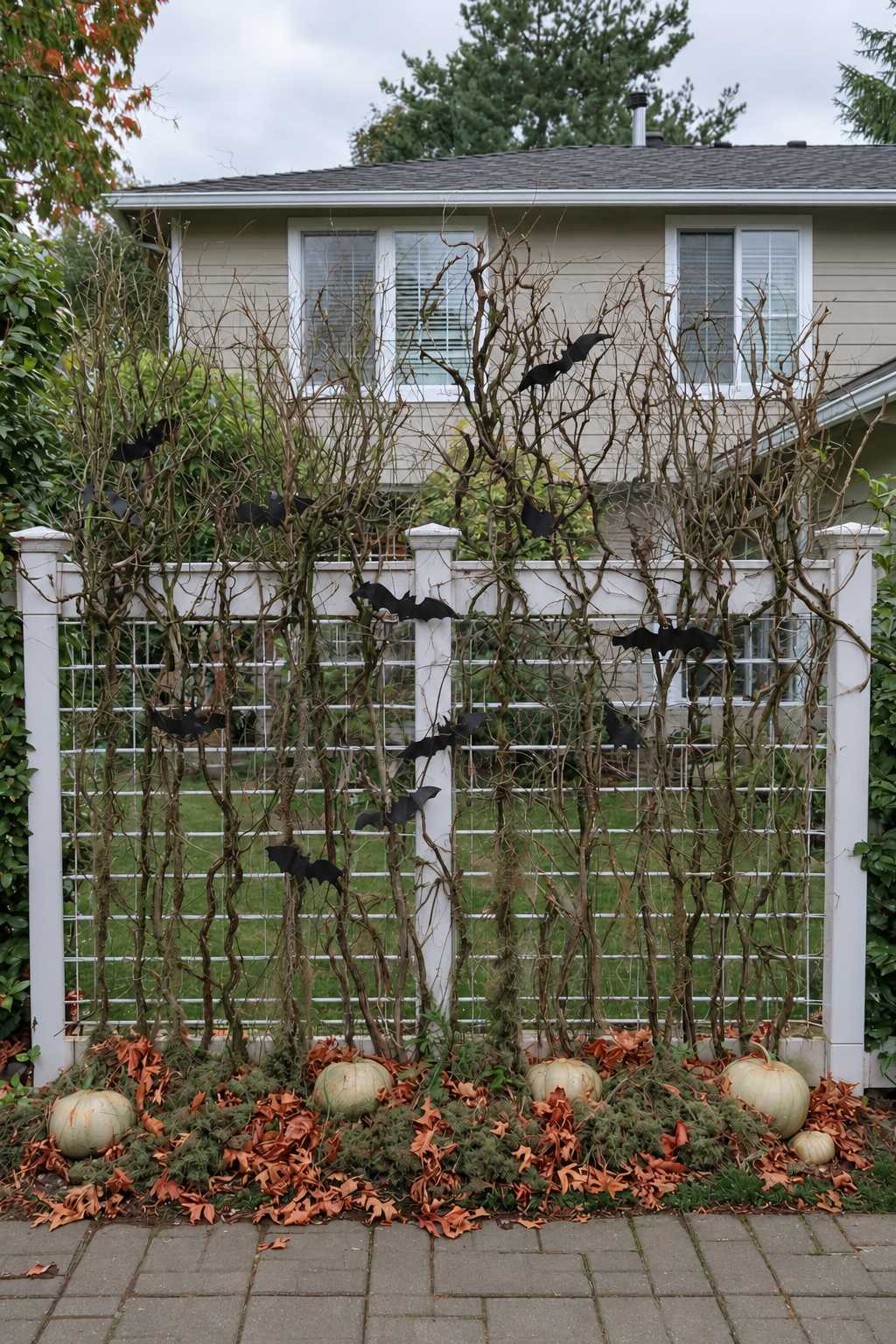 Open grid fence with bare twisting branches, black bat silhouettes and pale pumpkins at the base