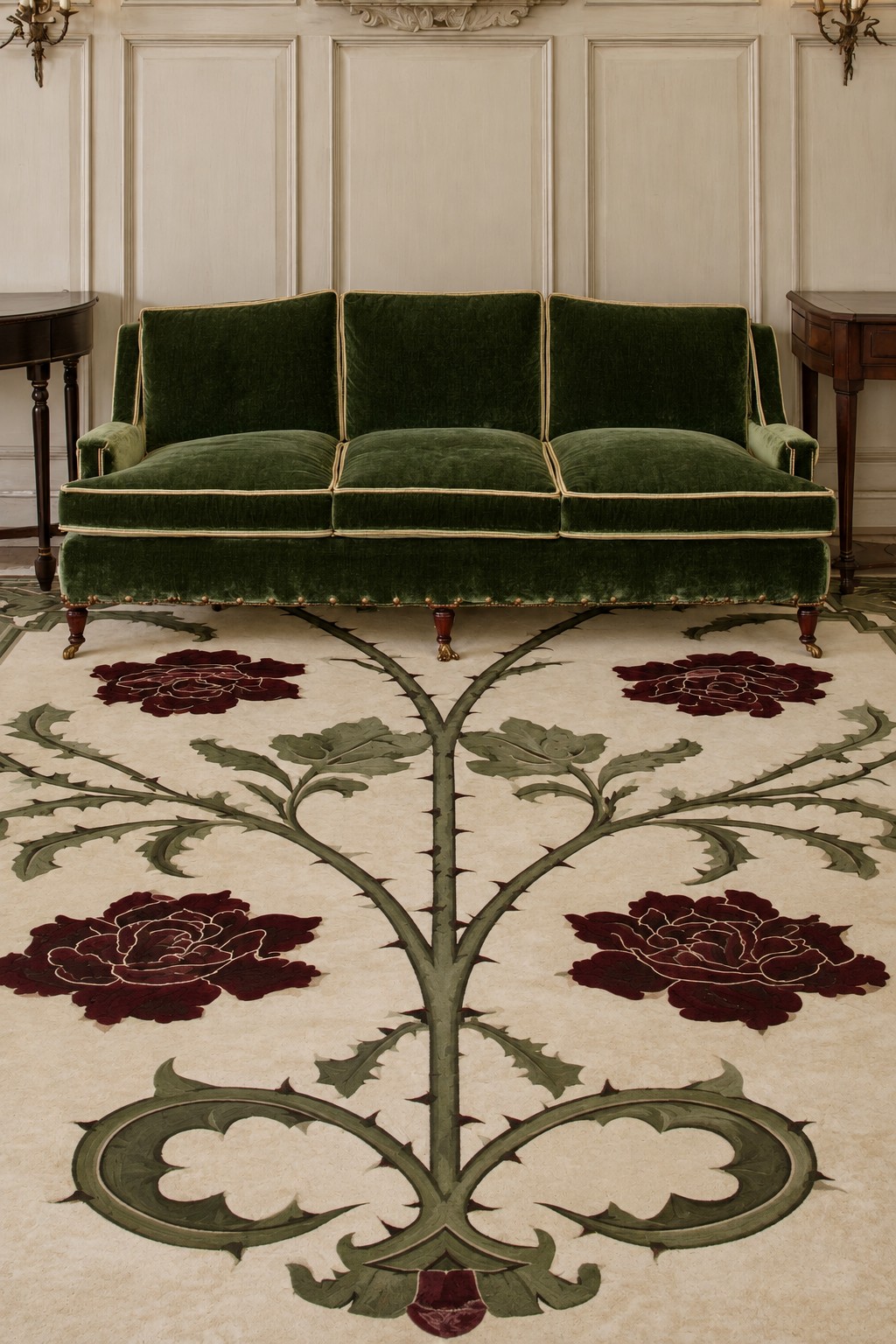 Burgundy roses on mirrored green branches across a cream living room floor in front of a green sofa
