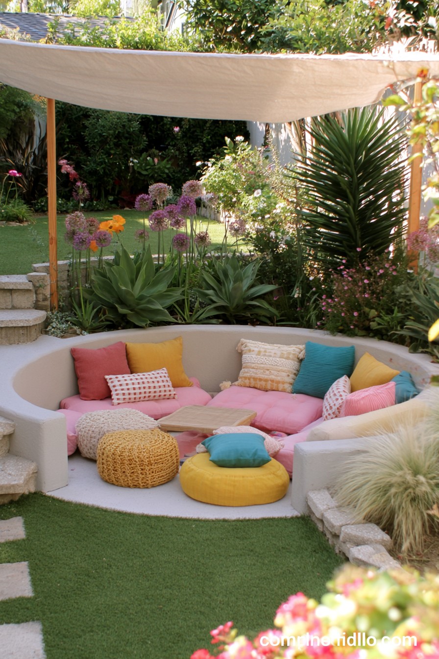 Curved garden benches with pink and yellow cushions beneath a broad fabric shade