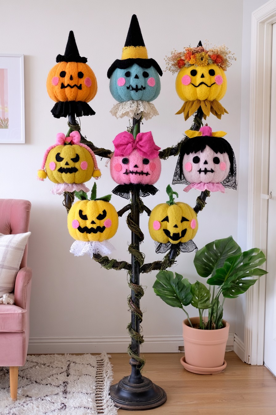 Eight colorful pumpkin characters wearing black hats on a dark branching stand