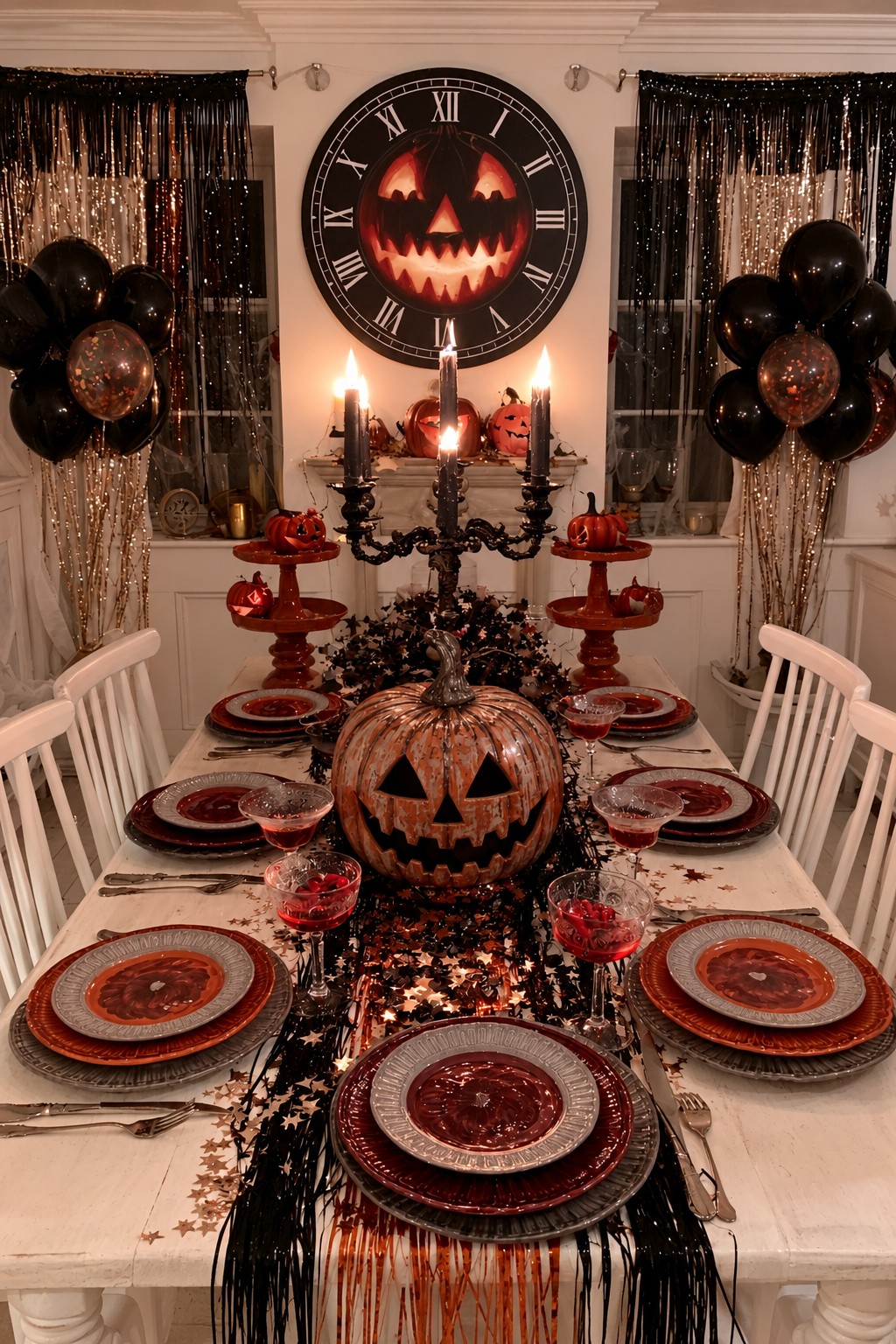 Copper-colored jack-o’-lantern with orange-red plates, silver-toned chargers, metallic fringe, and balloons