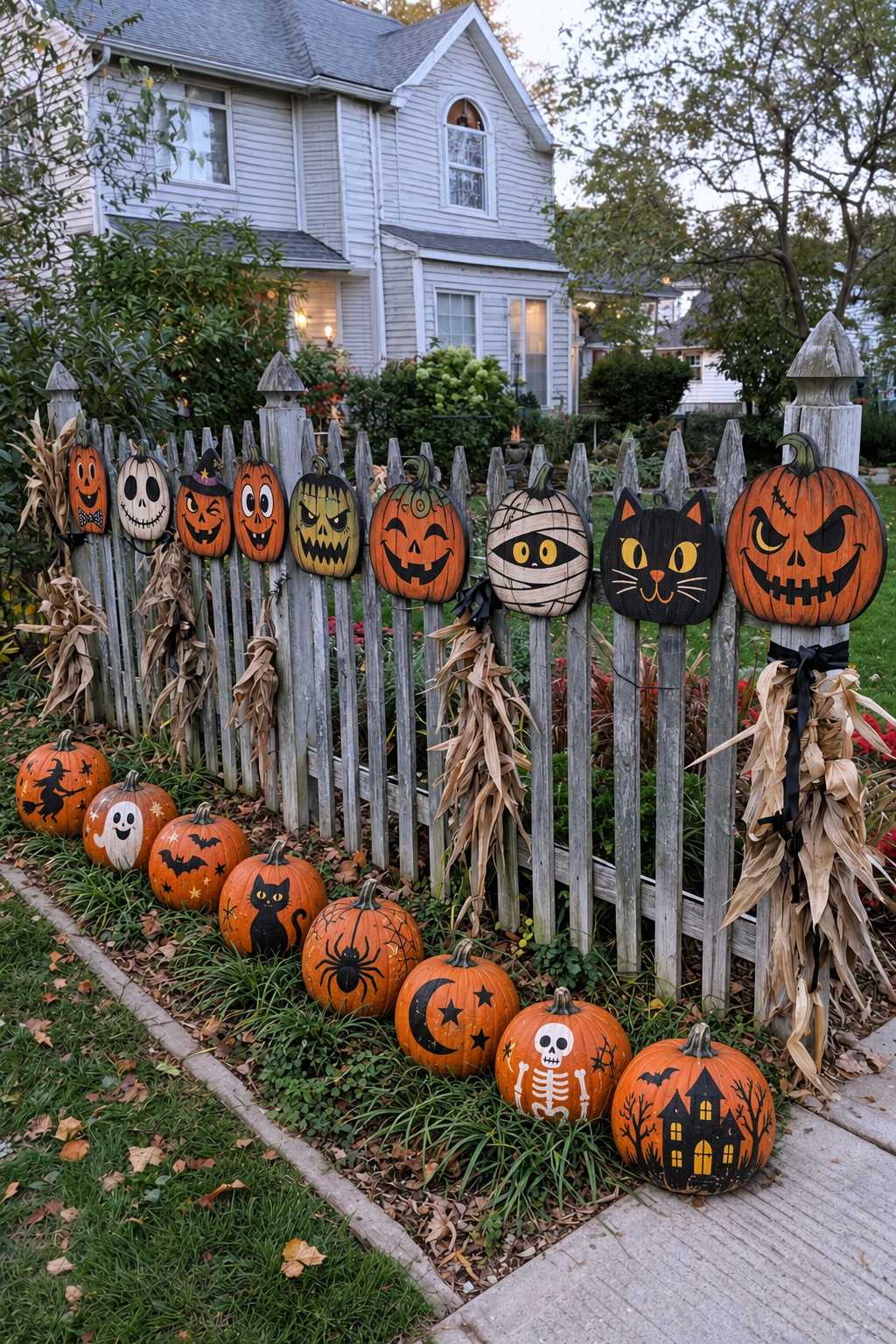 Wooden picket fence with painted Halloween character plaques, corn bundles and decorated pumpkins