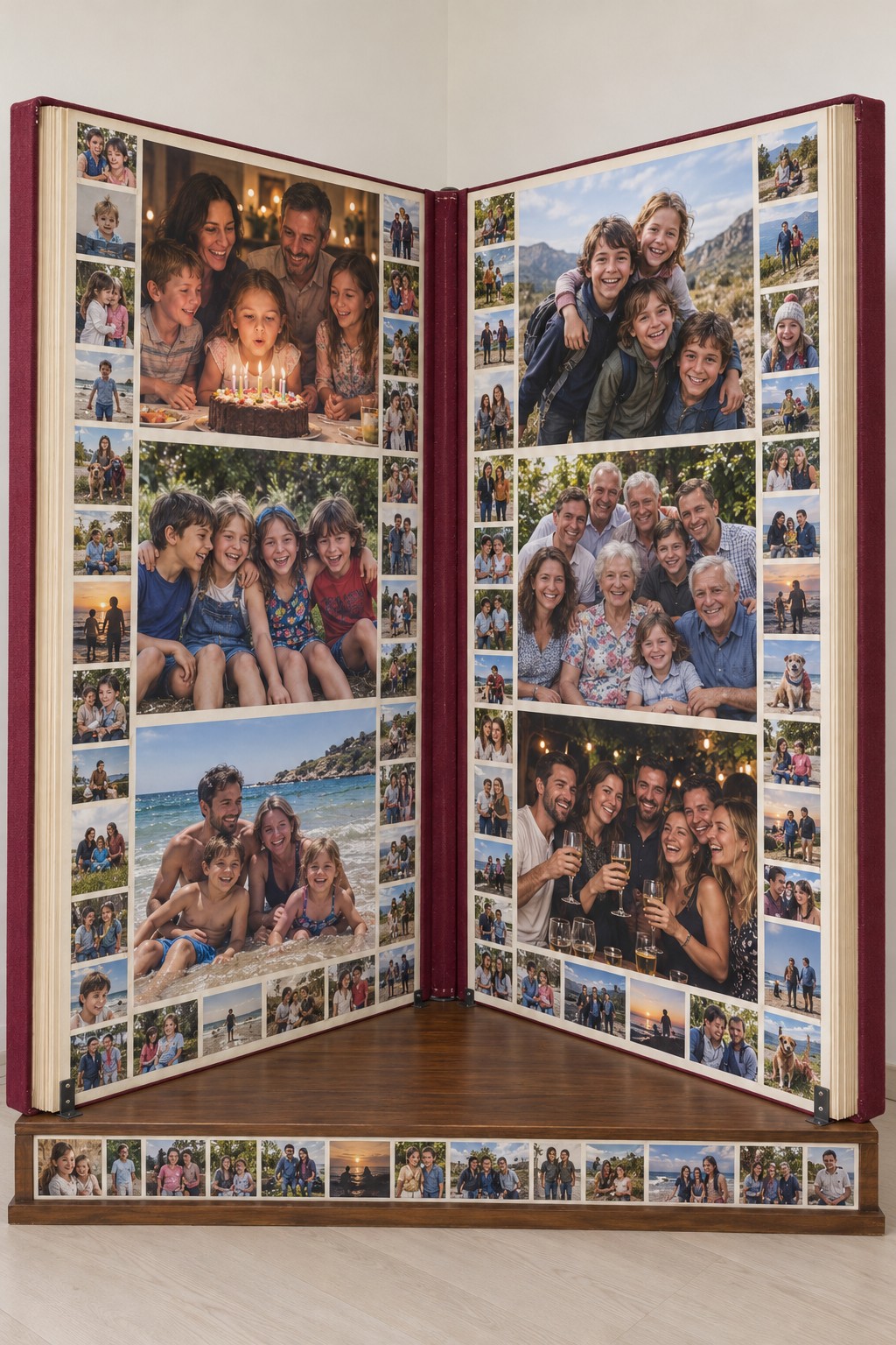 Large open book shaped display with family photographs on two pages and along its wooden base