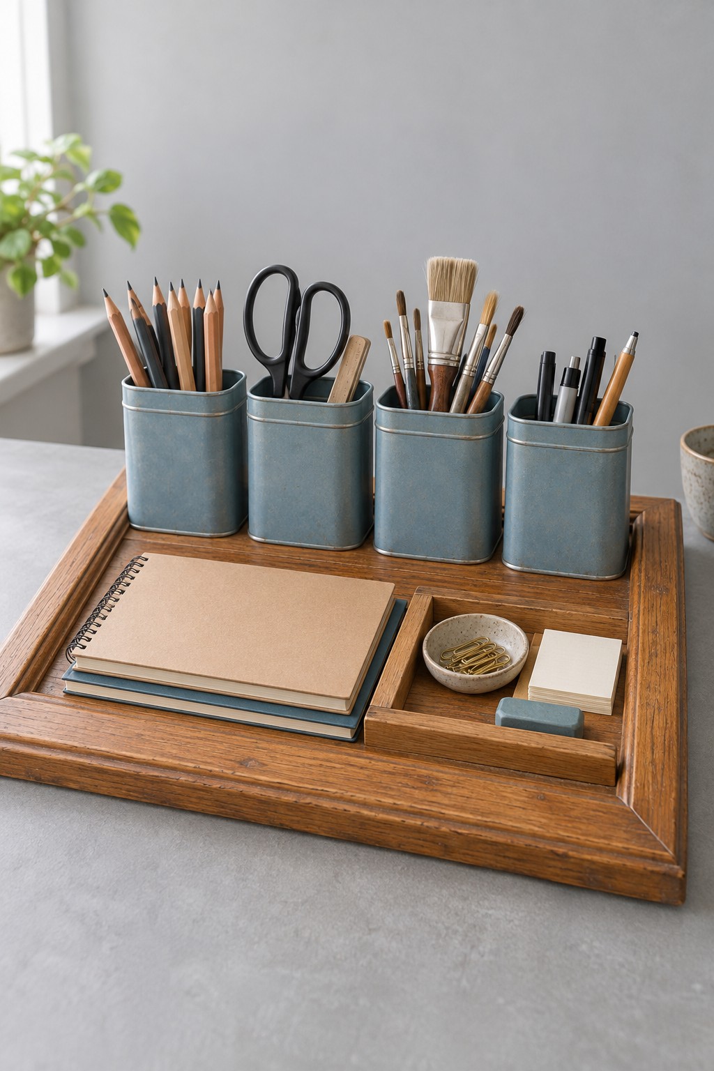 Old wooden picture frame laid flat as a desk tray with four blue metal containers notebooks tape and sticky notes