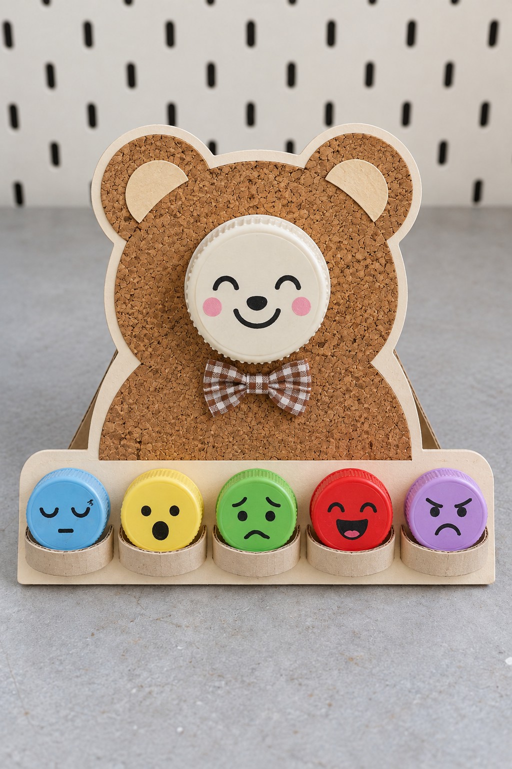 Cork bear expression board with a smiling cream cap face and five colored caps showing sleepy, surprised, worried, excited, and grumpy expressions