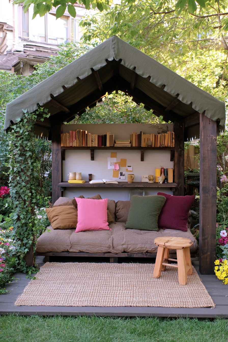 Dark timber reading nook with a gray-green canopy, bookshelf, and deep cushioned seat