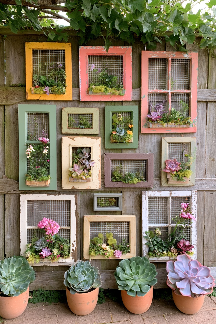 Colorful old window frames with mesh and mixed plants above larger potted succulents on a garden wall
